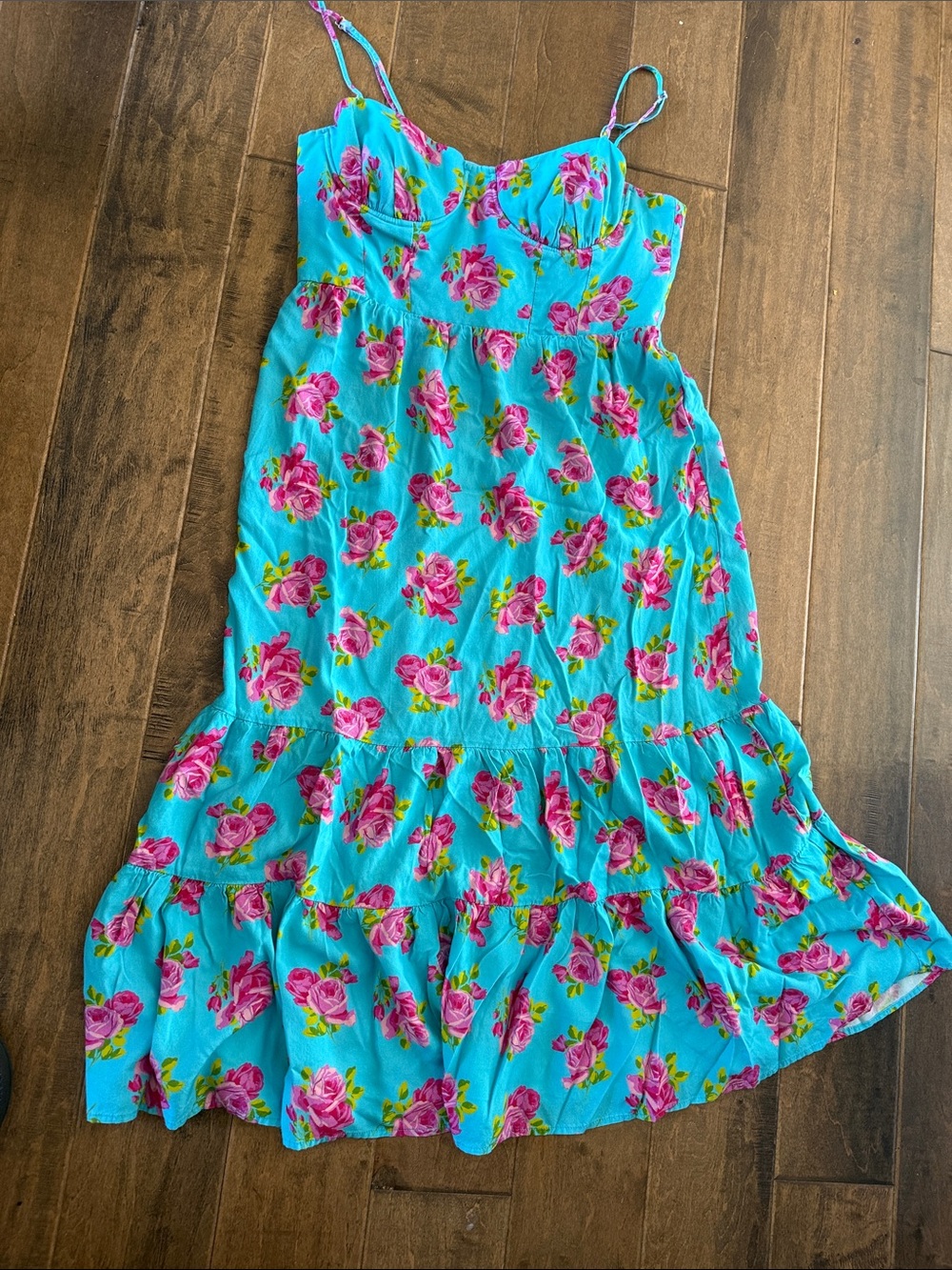 Betsey Johnson Turquoise Sundress with Pink Rose Print